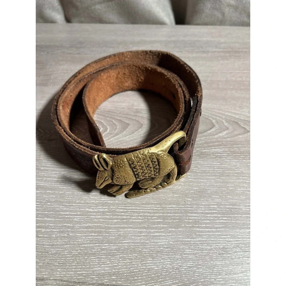 Vintage Leather Armadillo Buckle Belt Embossed Floral Western Boho 45 Inch Brass